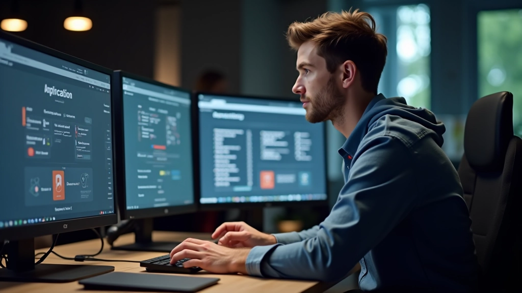 Designer aan het werk met token systeem op het scherm, modern bureau met monitors