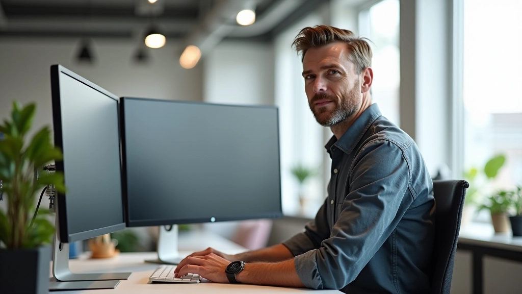 Maarten aan het werk in een modern design bureau, werkend aan designsysteem op groot monitor scherm