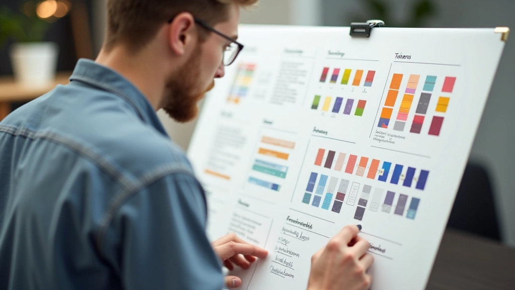 Designersysteem met kleur tokens, typografische schalen en spacing grid zichtbaar op whiteboard