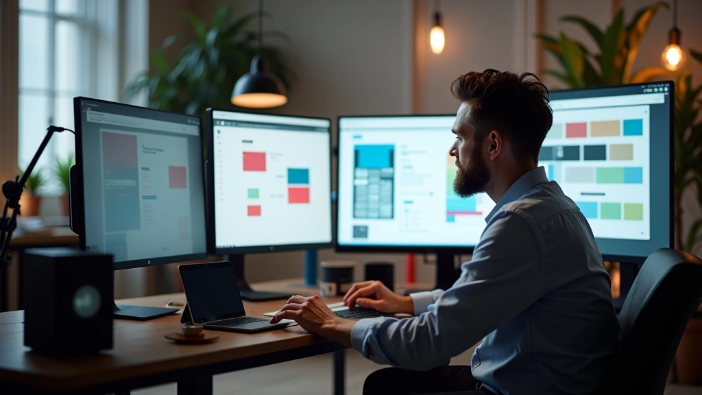 Ontwerper aan het werk met designsysteem op groot scherm, kleurstalen en componenten zichtbaar