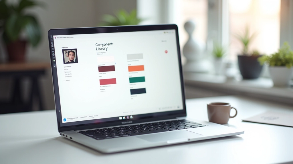 Designsysteem interface met componentenbibliotheek, kleurpalet en typografieschaal zichtbaar