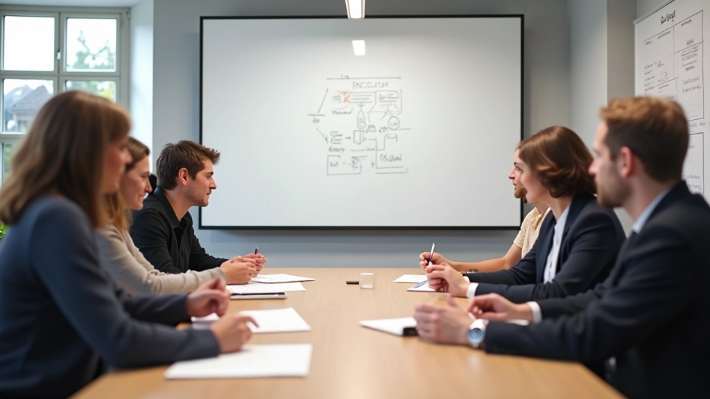 Team in meeting bespreekt UI kit updates en onderhoudscyclus op whiteboard