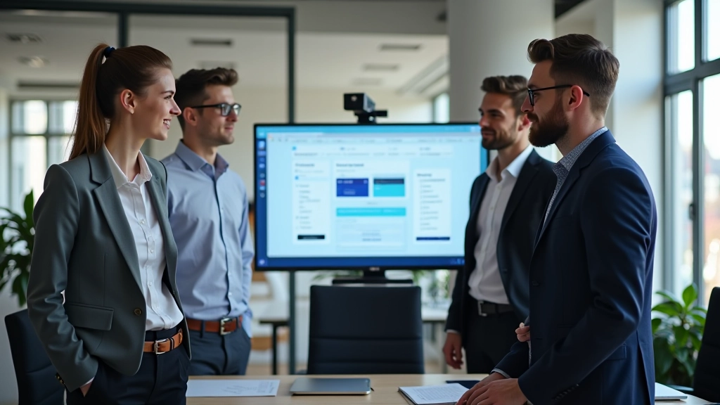 Teamcollaboratie op design systeem met meerdere people rond een grote monitor, modern kantoor setting